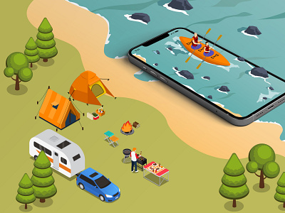 Nomophobia beach branding camping design designers dribbble dribbblers forest gadgets graphic design illustration isometric mobile river technology visual art