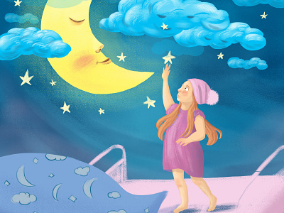 Bedtime 2d art art atmospheric background art blue character character design children book illustration childrens book concept design dreamy illustration moon moonlight night night mode