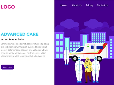 Landing Page Advance care on Covid-19 virus ambulance corona coronavirus covid 19 flat design illustration landing page paramedic people ui vector wuhan