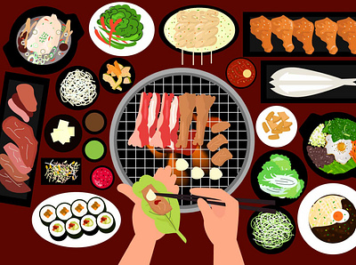 Korean BBQ baberque bbq bibimbab chicken soup fish cakes flat design graphic design illustration korea korean food odeng samgyetang toppoki vector