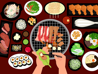 Korean BBQ baberque bbq bibimbab chicken soup fish cakes flat design graphic design illustration korea korean food odeng samgyetang toppoki vector