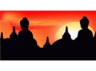 Sunset at Borobudur temple flat design graphic design hinduism illustration landing page landscape sunset temple vector