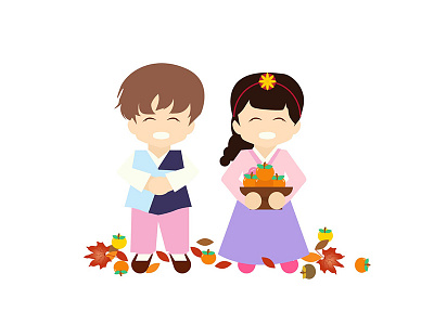 Happy Chuseok chibi chuseok couple culture flat design hanbook illustration korea korean smile thanks giving traditional