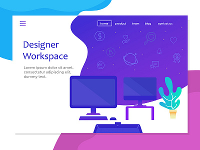 Landing Page With Designer Workspace business colorful company information internet landing page people promotion seo service social media technology template web design website