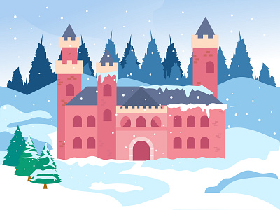 palace in winter castle christmas flat design icon illustration palace snow tree winter