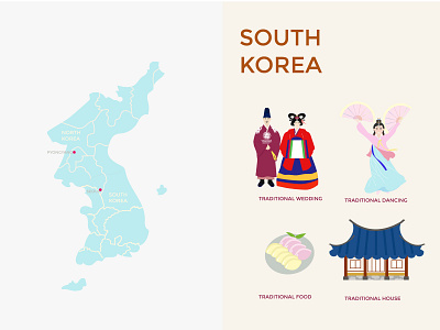 Infographic And Map South Korea character chuseok culture dance flat design food graphic design house illustration infographic infographics korea landing page map people ui wedding