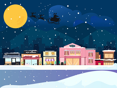 winter season at city street building building icon cafe christmas christmas night flat design graphic design illustration modern building street vector winter