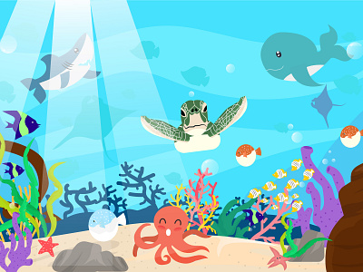 underwater sea animal animal cute flat design illustration landing page people underwater sea vector