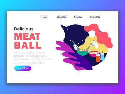 Landing Page woman eating meatball business culinary festival flat design food graphic design icon illustration landing page people ui web design woman