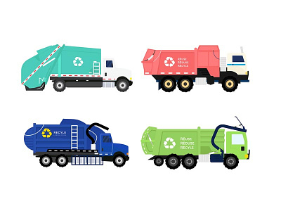 4 style garbage or recyle truck bin car container disposal environment garbage illustration industry isolated management recycle recycling refuse rubbish transportation trash truck vector waste white