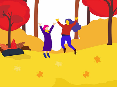 Happy with friends relaxing to jump at the forest autumn day autumn autumn season flat design forest graphic design happy illustration jump lake landing page people ui