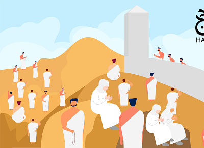 Hajj pilgrims pray at mount arafat arafah character flat design graphic design hajj illustration islamic pilgrim kaabah landing page people ui umroh vector