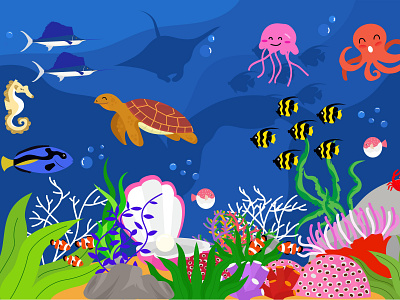 Beautiful Underwater Landscape beautiful clownfish coral ecology fish flat design graphic design habitat illustration landing page marine ocean octopus sea turtle ui