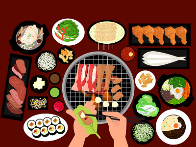 Korean Bbq bbq flat design graphic design illustration kimbab korean food landing page people ui vector
