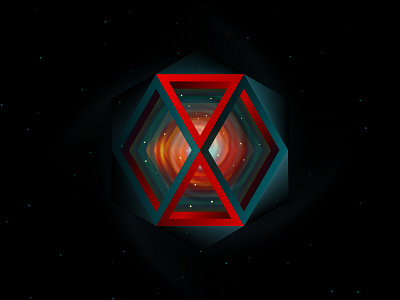 Immersive abstract graphics colorful symbol cosmic pattern galaxy cube geometric illustration gradient color hexagonal figure impossible shape op art red hexagon space visual effect
