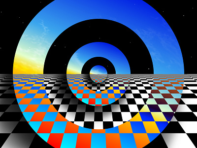 Horizont abstract abstraction black white checkered circle geometric geometrical geometry graphic design hypnotic illustration kinetic op art optical illusion perspective sky space striped trippy visual effect