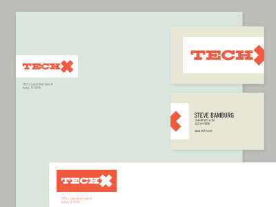 Tech-X Stationery business card custom type envelope letterhead logo orange texas type