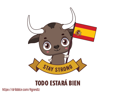 National animal of Spain with a message of support animal bull cartoon character coronavirus covid 19 cow cute design flag illustration nation spain spanish