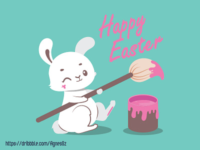 Cute easter bunny painting festive text with a giant paintbrush animal bunny cartoon character cute design easter funny happy rabbit