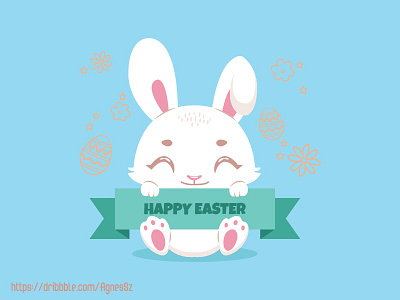 Cute happy easter bunny holding a banner with festive text animal bunny cartoon character cute design easter funny happy kawaii rabbit