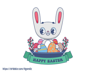 Cute cartoon easter bunny holding festive eggs animal bunny cartoon character cute design easter funny happy rabbit retro