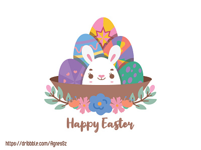Painted easter eggs in a basket with a cute bunny in the middle animal bunny cartoon character cute design easter funny happy rabbit
