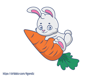 Funny cartoon rabbit mascot holding a giant carrot