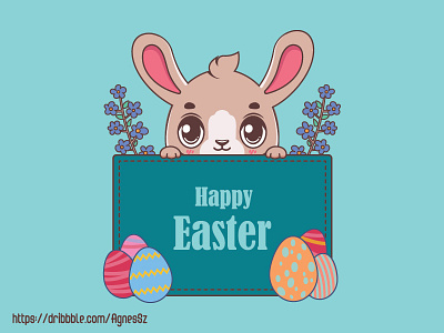Illustration of a peeking easter bunny and festive banner