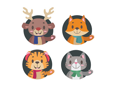 Collection of cute animals with winter apparel animal cat character cute fox funny reindeer tiger zoo
