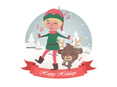 Cute Christmas greeting with elf and reindeer