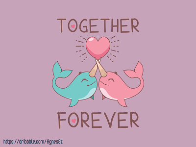 Together forever design affection animal art cartoon couple cute design happiness happy heart kawaii love marine narwhal sea sea unicorn sealife together