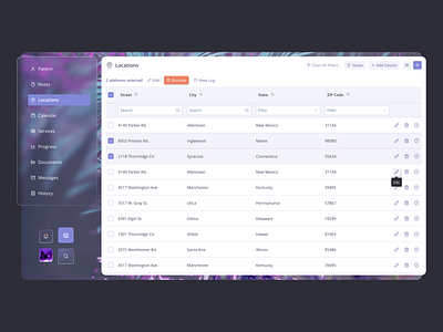 Patients Register Log design for doctors design ideas desktop desktop app glass effect healthcare interface design log medical navigation synth wave table heavy tables design ui design