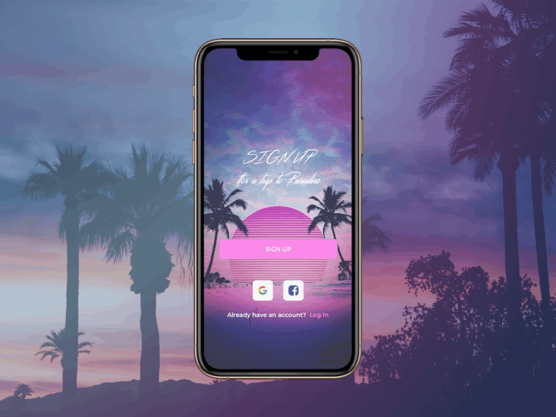 Synthwave Themed Sign Up Flow 80s 80s style animated gif animation animation 2d dailyui dailyui 001 design gif interface palms principle prototype signup sketcsketch sunset synthwave timetravel travel ui