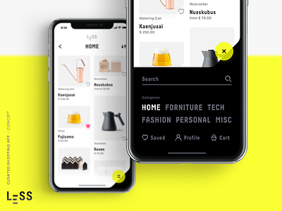 LESS · curated shopping app (concept) 2/4 app cart concept design iphone x menu minimal minimalism mobile objects shopping ui