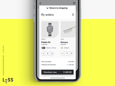LESS · curated shopping app (concept) 4/4 app cart concept cool design iphone x minimal minimalism mobile objects shopping ui