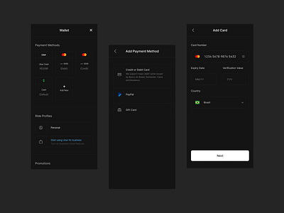 Uber Wallet/Payment Method screen redesign app dailyui dailyui 002 dark dark ui figma redesign redesign concept uber ui ui design uiux ux