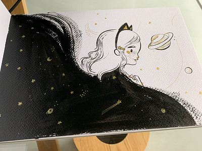 Inktober Day26 brush girl handmade illustration ink inktober night sky