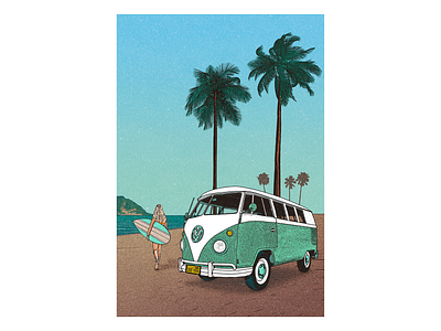 VW T1 california dotwork illustration poster surfing