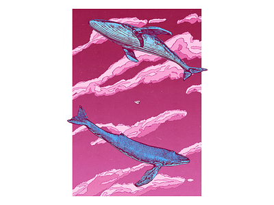 Whales aeroplane clouds design dotwork illustration imagine poster sky whale whales