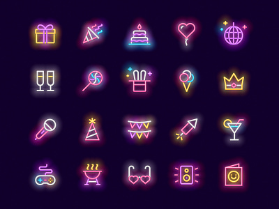 Party neon icons glow icons neon party vector