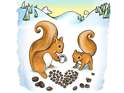Enjoy Coffee clouds coffee cute illustration snow squirrels vector winter