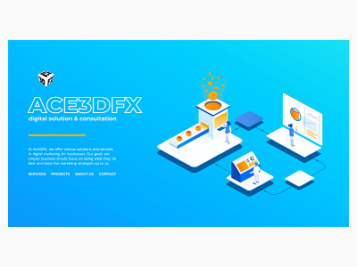 ACE3DFX Landing Page blue creative design illustration isometric isometric design marketing orange ui ui design vector web web desgin website