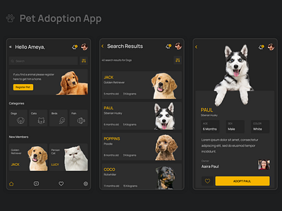 Pet Adotpion App clean dark ui design simple typography ui uidesign ux