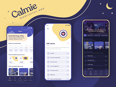 Calmie - Meditation app app app design calm health meditate meditation mobile app product sleep stress uiux