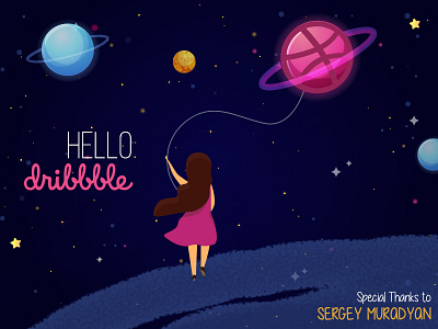 Walking on space debut dribbble girl hello illustration planet space thankyou