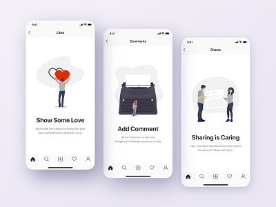 Like, Comment & Share | Empty States Screens app comment empty screen empty state illustration like message app messaging messenger share social media ui ux ux writing