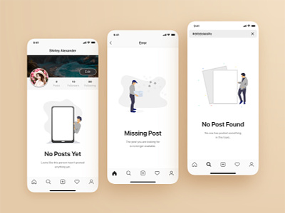 No Posts Yet, Missing Post, No Post Found | Empty States Screens app empty screen empty state illustraion message app messaging messenger missing page no post social media ui ux ux writing
