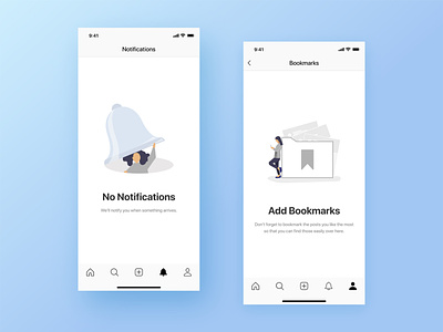 No Notifications & Add Bookmarks | Empty States Screens app bookmark empty screen empty state illustraion message app messaging messenger notification socialmedia ui ux ux writing