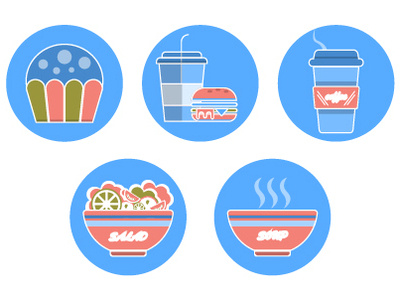lunch icon blue burger cake coffee design graphic illustration logo red salad soup