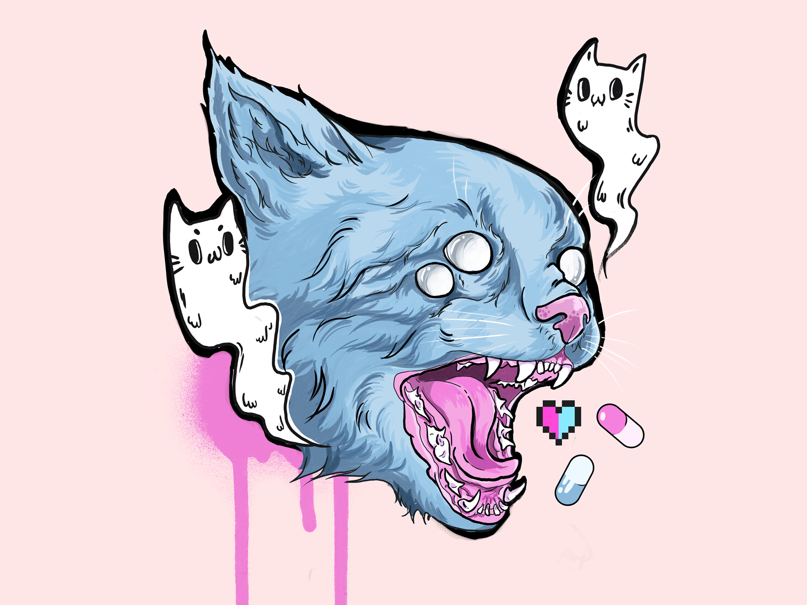 take your meds animal art canine cat drugs eyes flat fuck you ghost illustration teeth